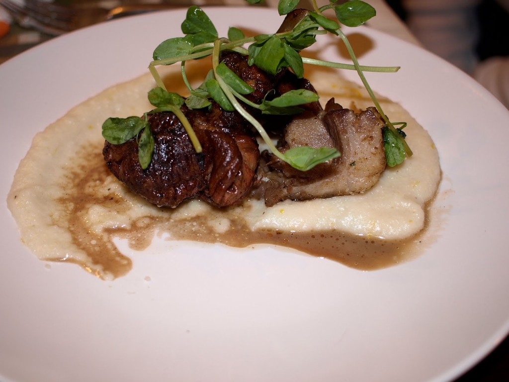 chinese bbq rib, lengua, carmelized peach and polenta